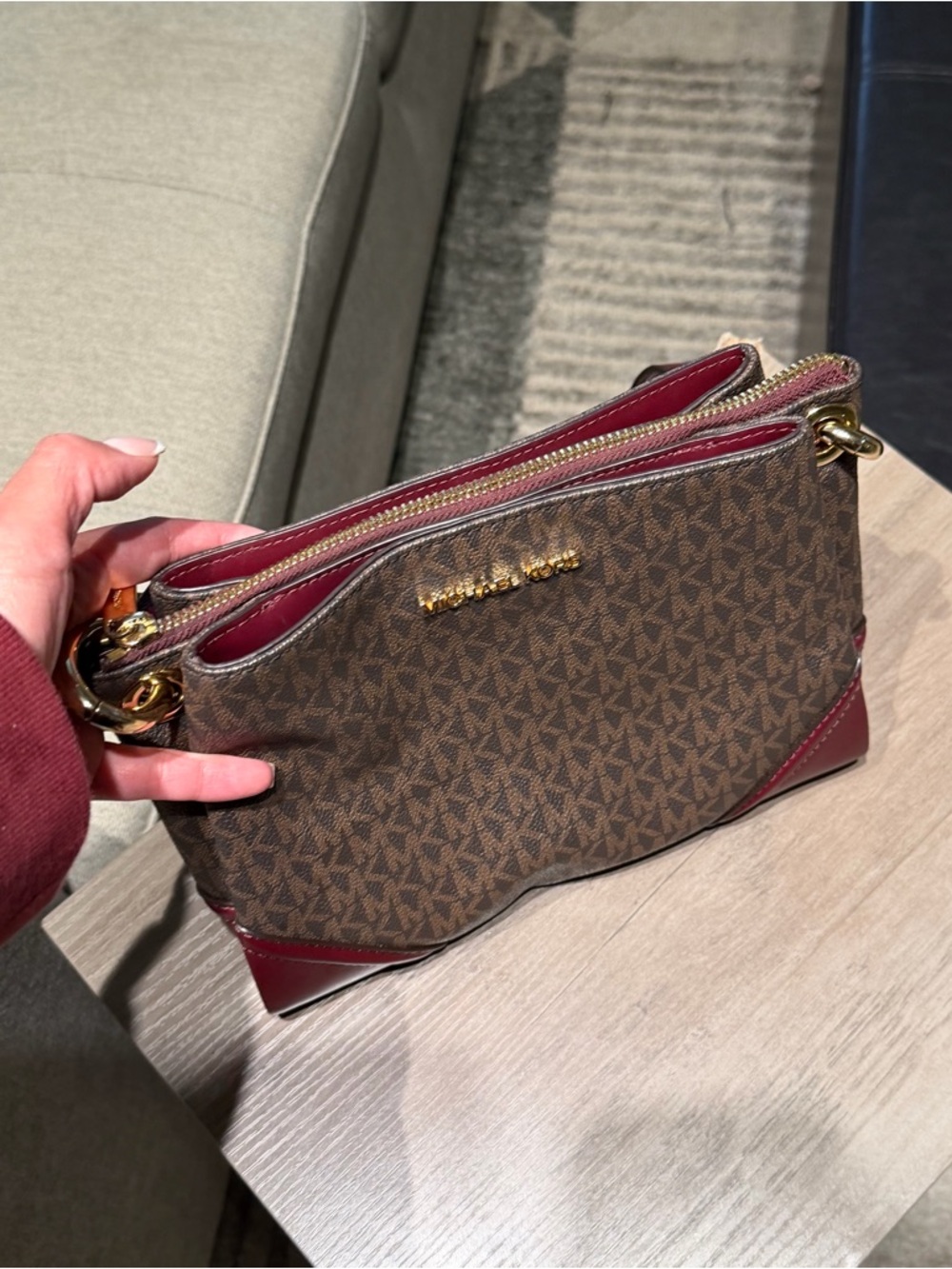 Michael Kors Brown Monogram Jet Set Logo Crossbody with Burgundy Accents - Picture 13 of 16